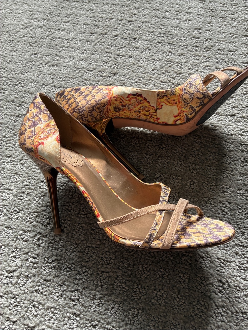 Printed Open-Toe High Heel Sandals in Beige & Purple